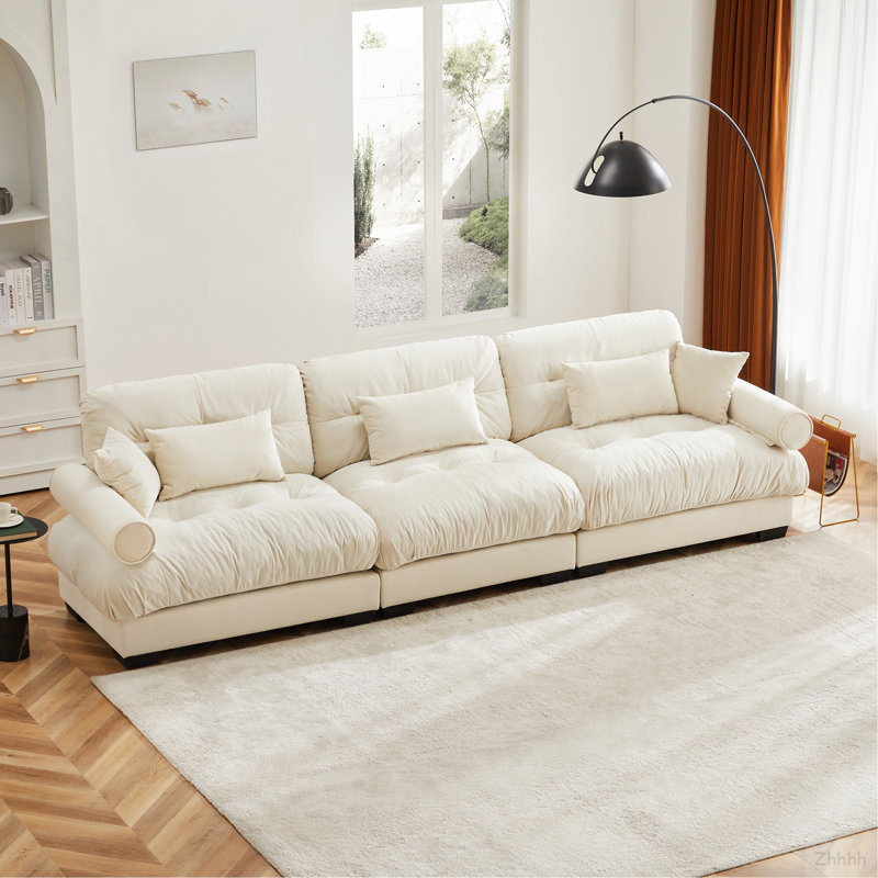 Très grand canapé en velours moderne à 3 places, canapé surdimensionné, siège confortable et dossier confortable, avec coussins de taille et coussins décoratifs, crème