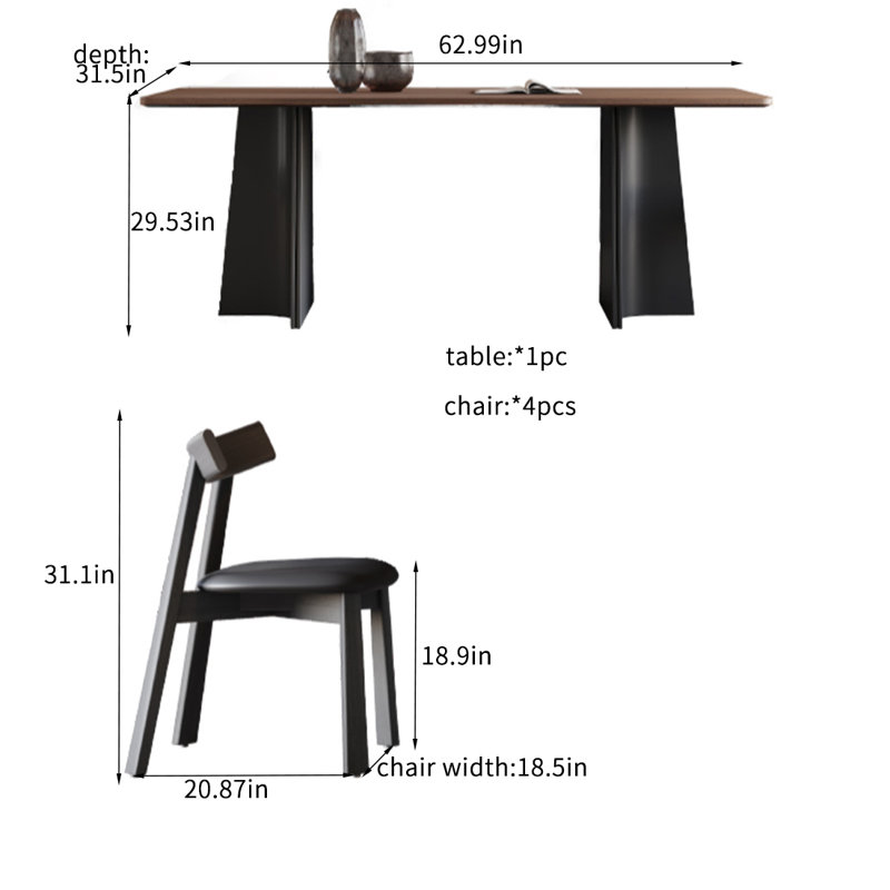 Table et chaise en bois de frêne massif., H 29,53 po x L 62,99 po x l 31,5 po