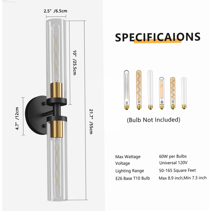 Ensemble de 2 appliques murales modernes en verre transparent, noir mat et cuivre, Matte Black and Copper