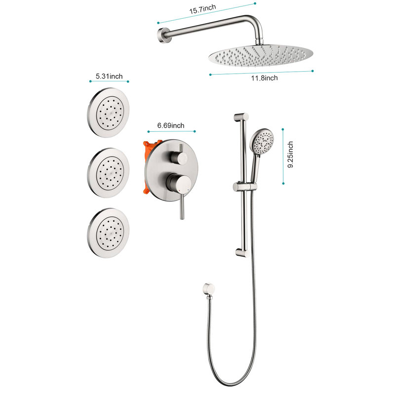 Bathroom Shower With Slide Function: Head, Hand Shower, Bar, Bodysprays, Arm, Valve Trim Kit Bar And Hose:, Brushed Nickel