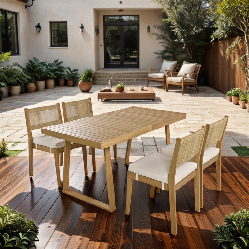 Cedrianna 4 - Person Wood Patio Dining Set with Rectangular Table , Cushions Included, Beige