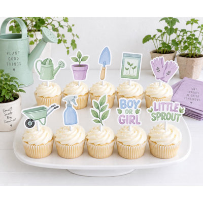 Little Sprout Gender Reveal Cupcake Toppers, Botanical Boy or Girl Garden Paper Picks, Lilac Mint Set of 10