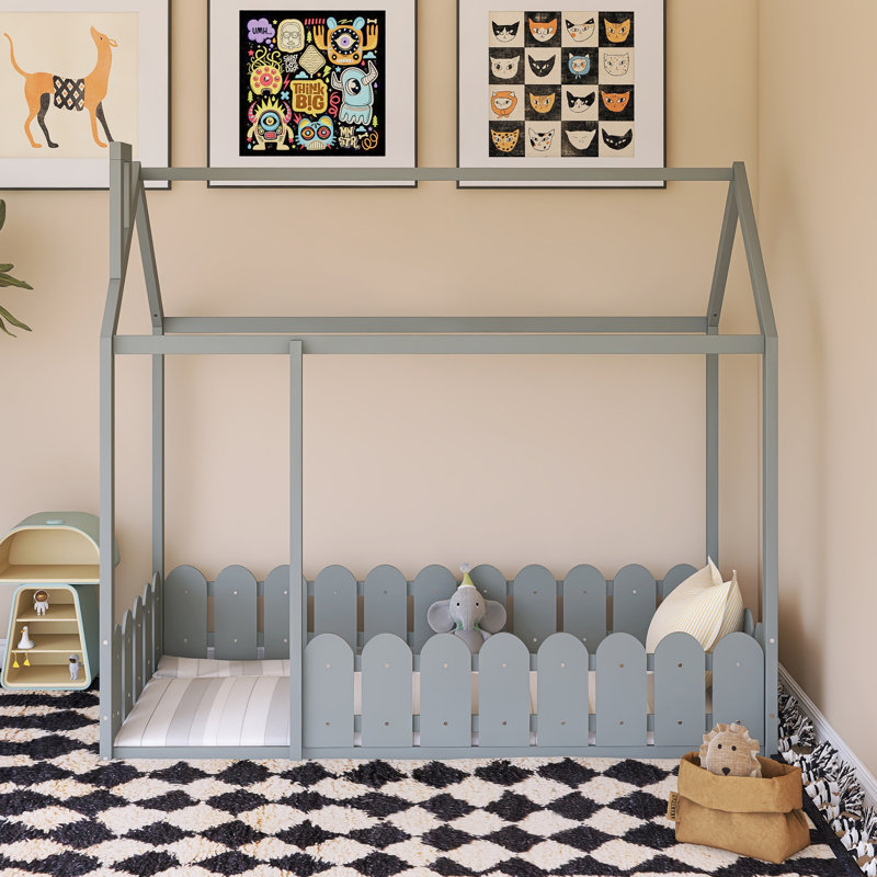 Wood Bed House Bed Frame With Fence, Gray , Twin