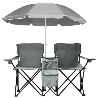 Double chaise pliante avec parasol détachable, chaise longue de pêche extérieure pour 2 personnes, siège portatif résistant aux intempéries pour le jardin, pique-nique, bain de soleil