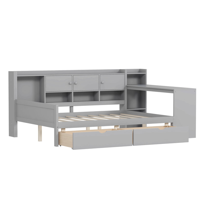 Lit de jour avec 3 armoires de rangement et 2 tiroirs, structure en L en bois avec bureau d'étude et bibliothèque intégrée, lit multifonctionnel