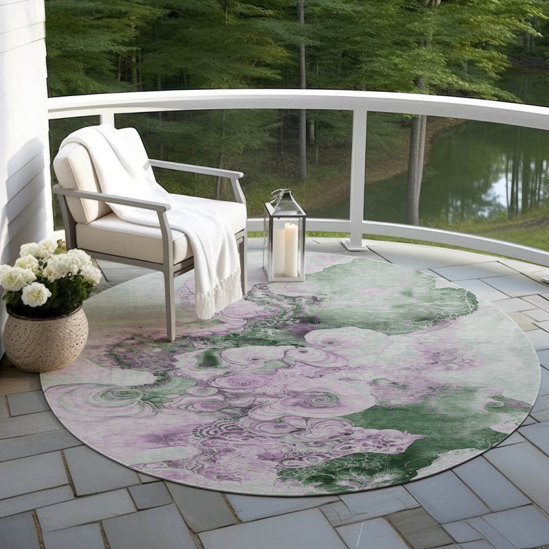 Machine Washable Indoor/Outdoor Xhevrie Sage Rug, Round 8' x 8'