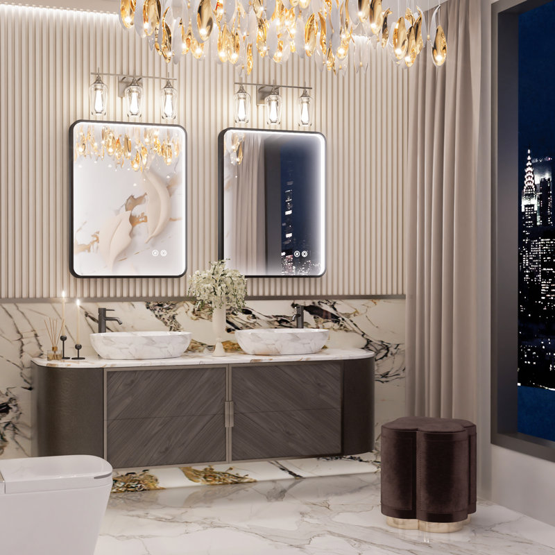 Miroir de salle de bain avec cadre en aluminium et éclairage à DEL, 32 po x 24 po, Noir