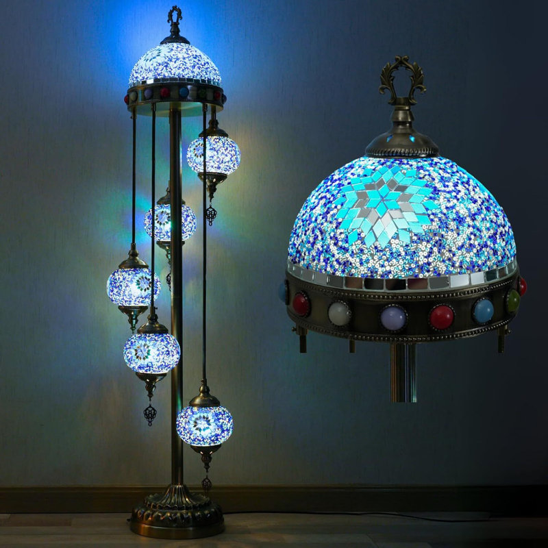 56" Turkish Floor Lamp with 5 Handcrafted Blue Globes, Upgraded Top Shade, Base, 6 E26 LED Bulbs Included