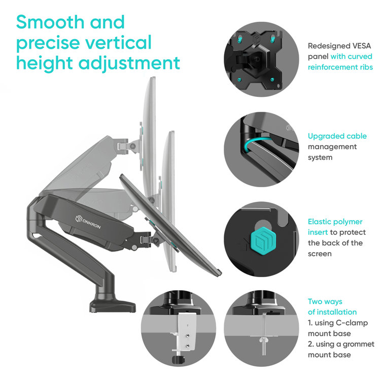 Onkron Dual Monitor Arm For 13-32 Inch Screens Up To 17.6 Lbs Each -  Monitor Mounts For 2 Monitors - Dual Computer Monitor Stand For Desk, Vesa  75x75 100x100, Adjustable Gas Spring Desk Mount, Black