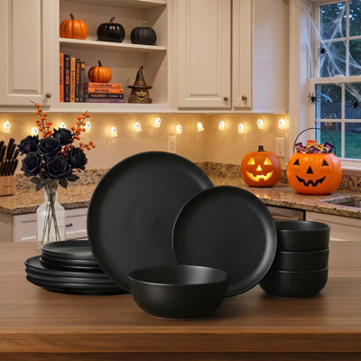 12-Piece Stoneware Dinner Plates Bowls Sets | Microwave & Dishwasher Safe | Non-Toxic Dinner Plates Bowls Set | Stackable Matte Glaze Kitchenware for 4