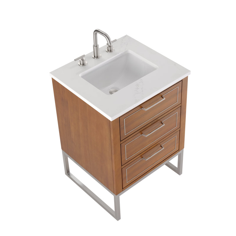 Markham 24'' W Single Vanity, Universal Calacatta Quartz, Brushed Nickel, Walnut