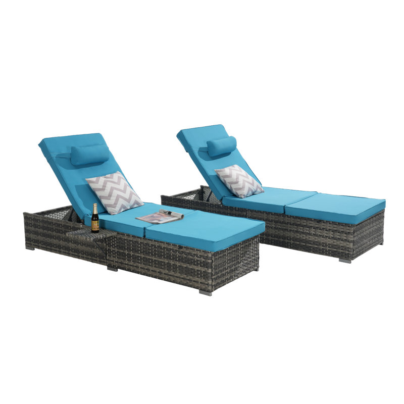 Outdoor Chaise Lounge Chair Set Of 2 With Storage Patio Pool Lounge Chairs Outdoor Lounger Beach Rattan Recliners, Light Blue