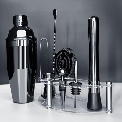 Ensemble de shaker à cocktail avec support, ensemble de barman pour shaker à cocktail: ensemble d'outils de bar, mélange de boissons comprenant un shaker Martini, une crépine, un jigger, une cuillère de mélangeur de bar, un mélangeur, un verseur, un bouchon de bouteille (noir)