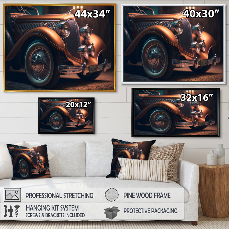 Gros plan d'une voiture rétro classique II - reproduction sur toile, H 12 po x l 20 po x P 1 po, Toile avec cadre flottant or