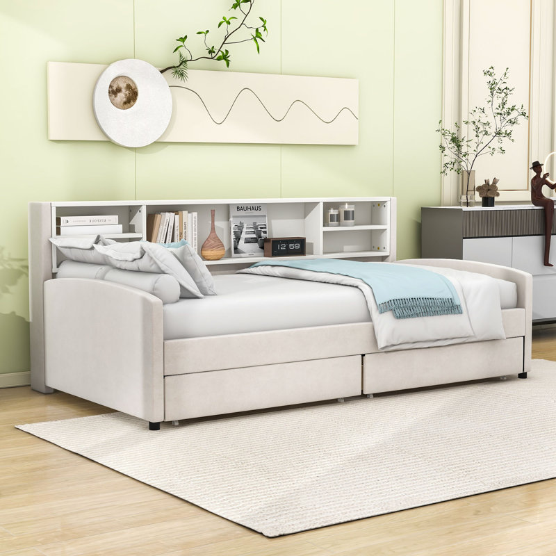 Spence Twin Upholstered Daybed with Storage and Side Shelf, Beige