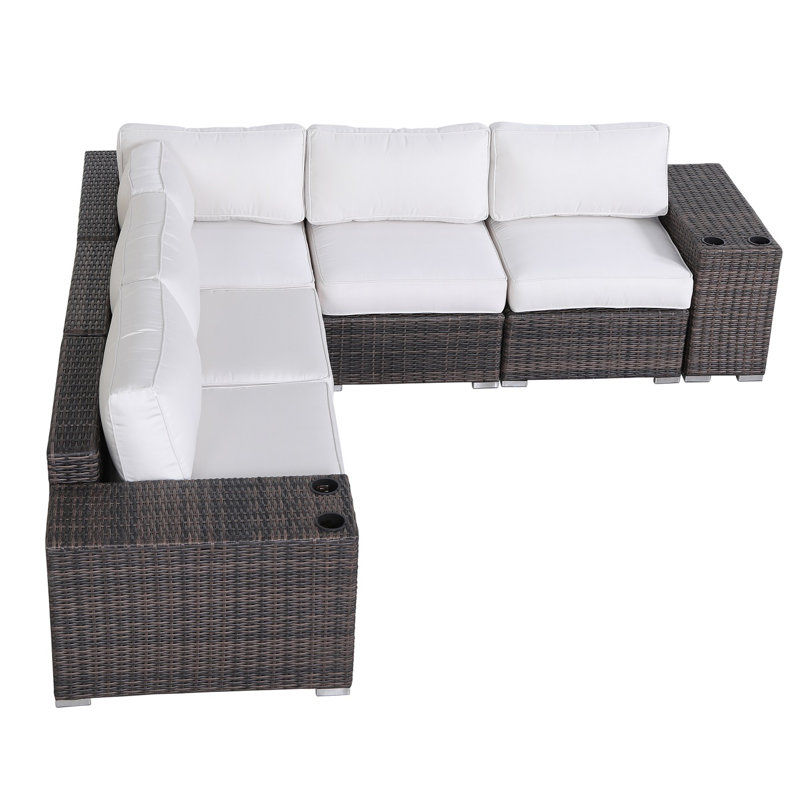Ensemble de conversation en osier pour 4 personnes avec coussins Arelys, Toile Sunbrella, Brun