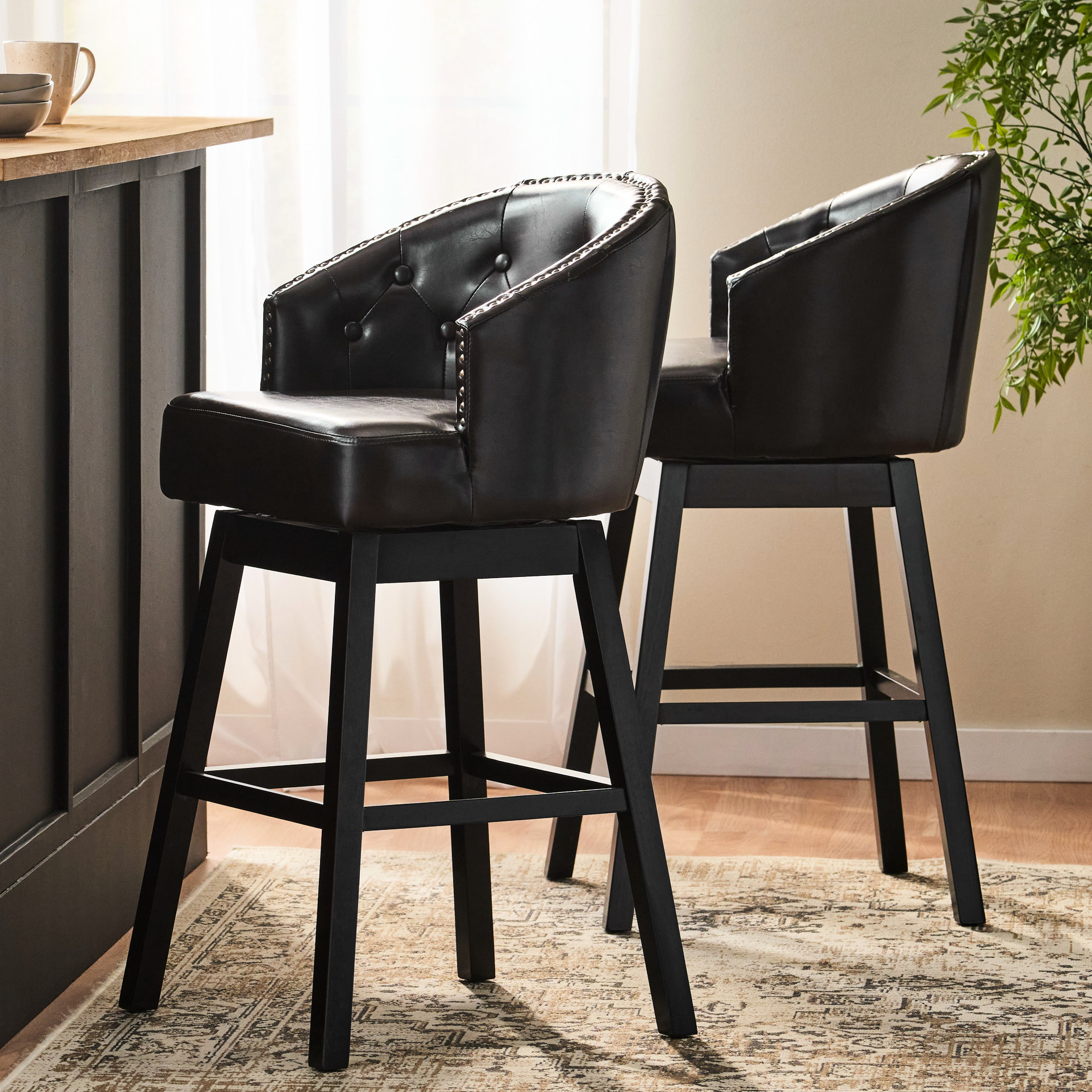 Hokku Designs Of 2 Brown 360 Degree Swivel Bar Stools With Contemporary ...