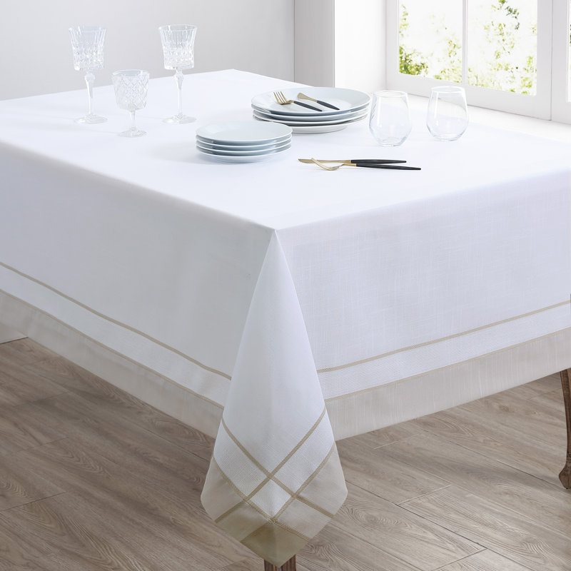Natural Beige Rectangular Fabric Tablecloth with Banded Border