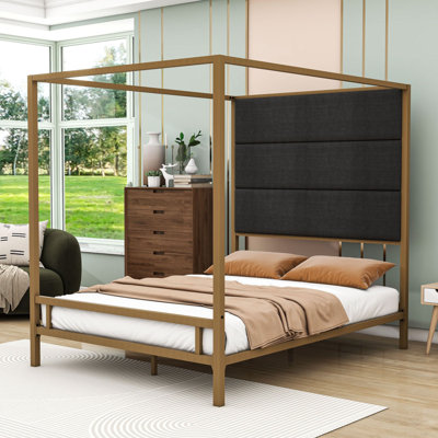Metal Canopy Bed Frame with Upholstered Headboard