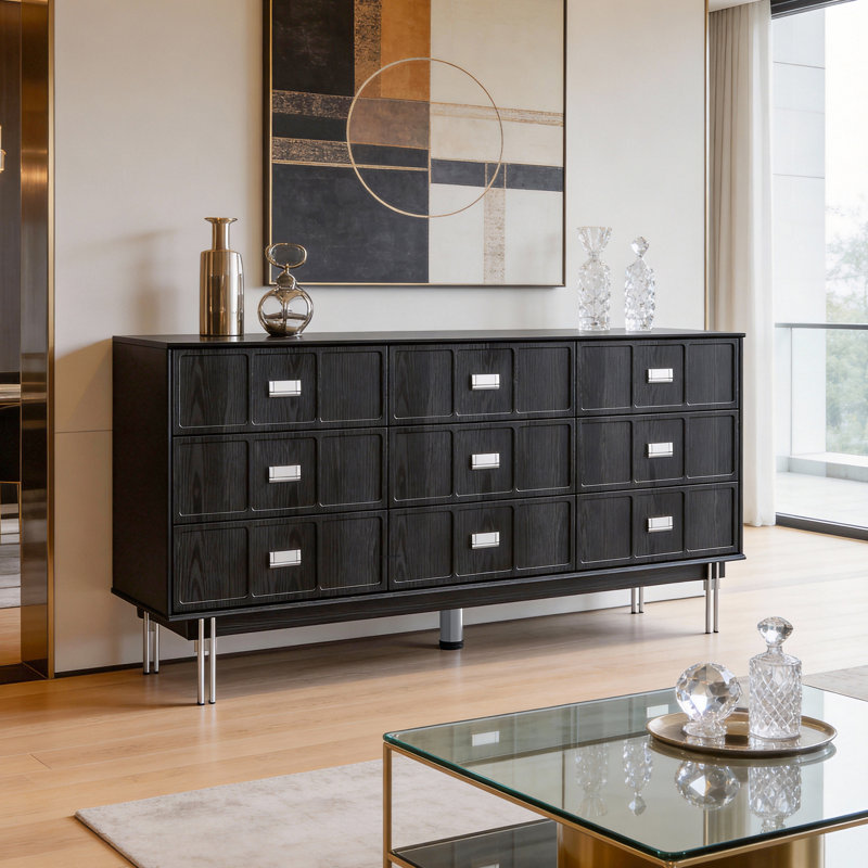 Modern 9-Drawer Storage Cabinet In Black With Metallic Accents