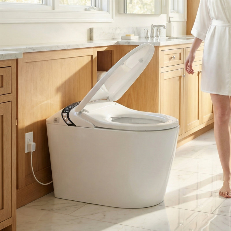 Toilette allongée intelligente avec bidet intégré, siège à ouverture / fermeture automatique, séchoir à eau chaude et capteur de pied