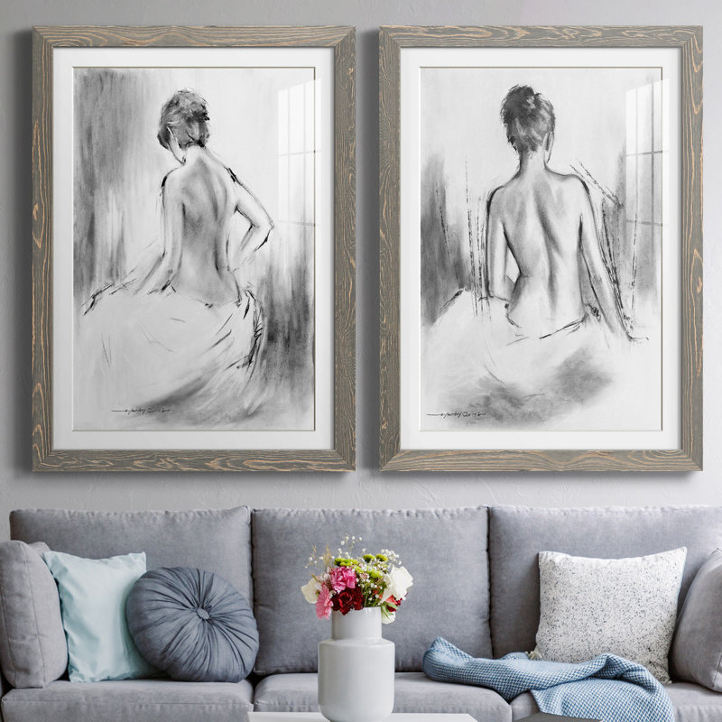 «Soft Silhouette V», ensemble de 2 reproductions sur toile, Impression encadrée avec passe-partout, H 31,5 po x l 47 po, Gris