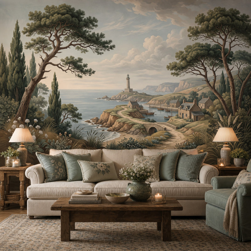 Papier peint bord de mer paysage côtier amovible, 120"x96", Non-Woven Nonpasted