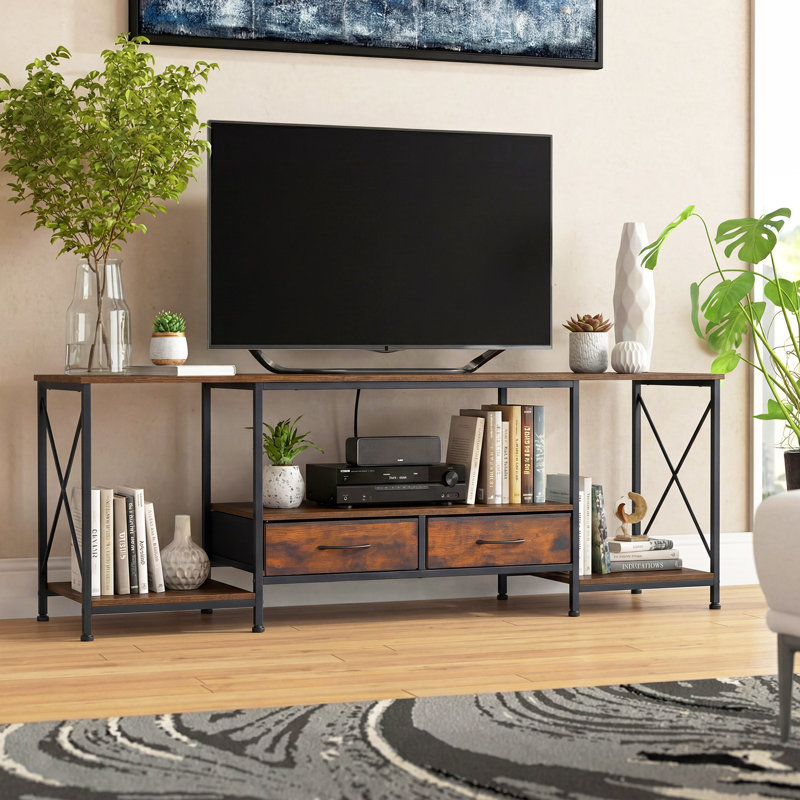 Industrial Rustic Rust Brown TV Stand with power outlet, Entertainment Center with 2 Fabric Drawers & Open Shelves, for Living Room & Bedroom