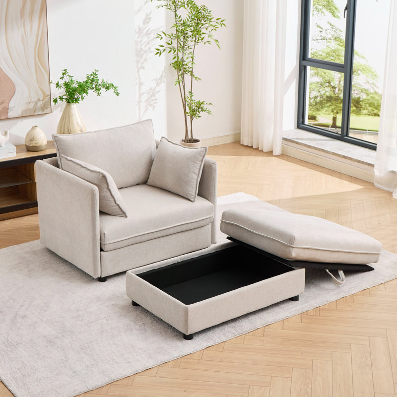 Très grand fauteuil d'appoint en chenille surdimensionné à assise profonde, méridienne rembourrée, repose-pieds avec rangement assorti et trois coussins décoratifs, parfait pour un appartement, une chambre à coucher ou un salon