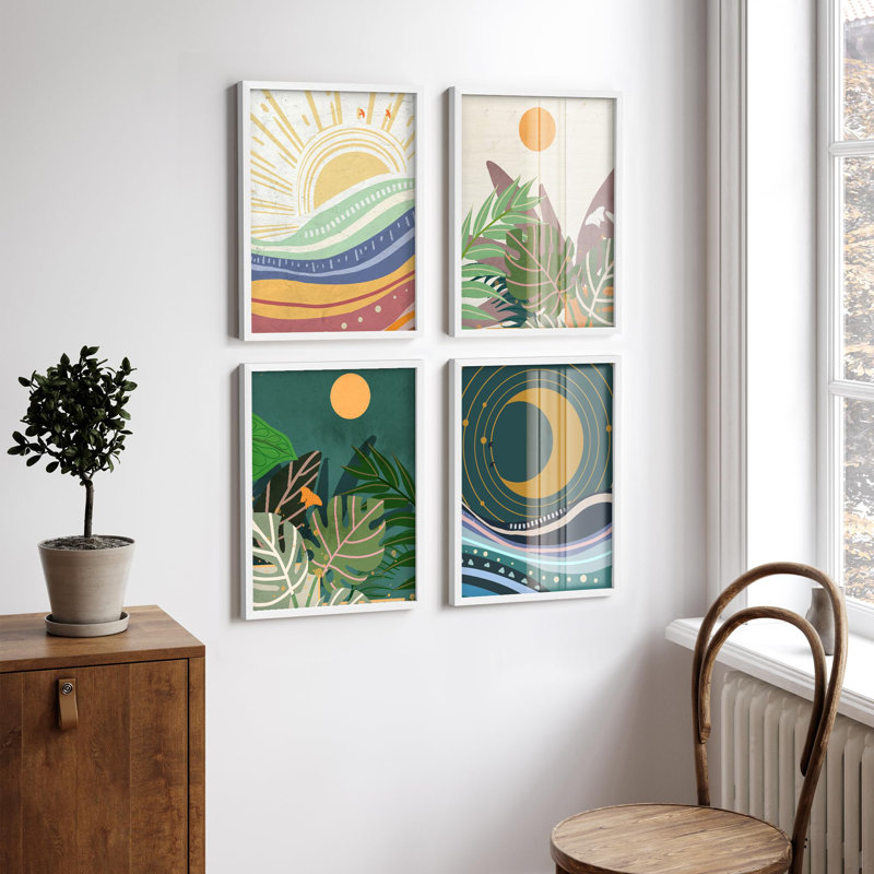 "Plante tropicale avec soleil et lune", Blanc, H 14 po x l 11 po