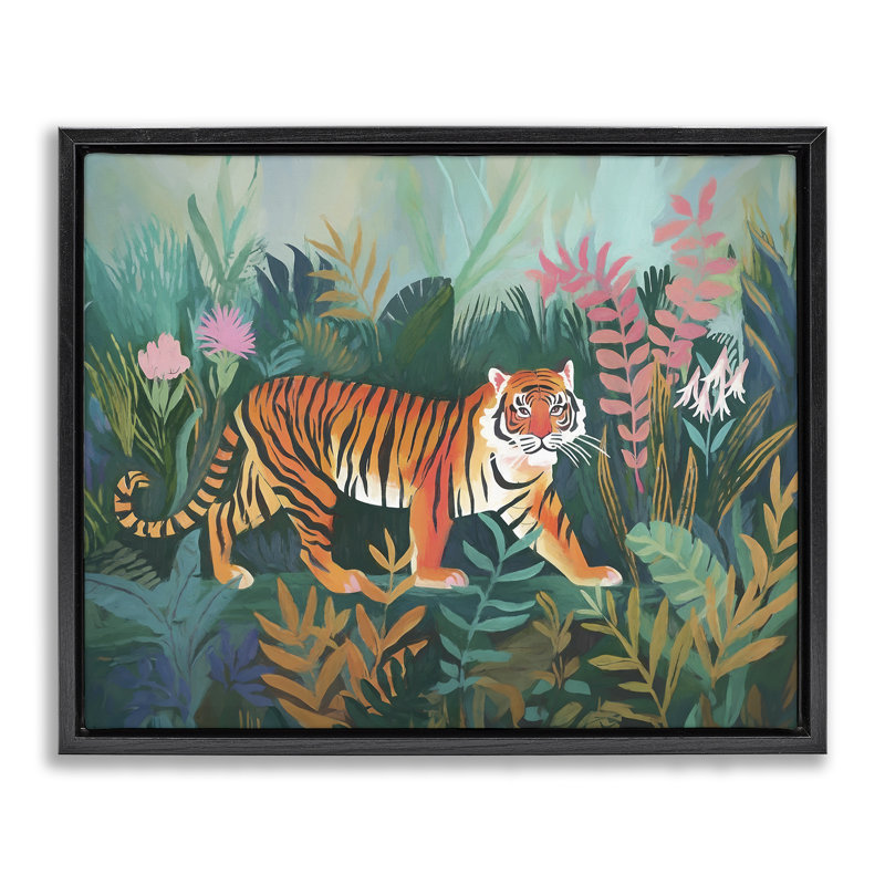 «Tiger in Jungle Leaves», art mural sur toile par Ramona Murdock, Cadre flottant noir de jais, H 25 po x l 31 po