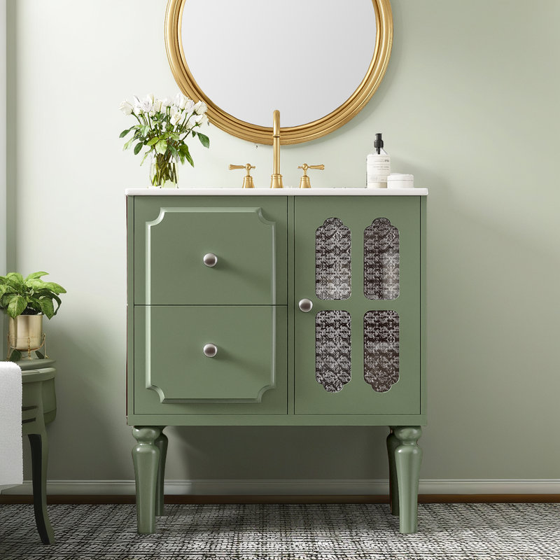 Meuble-lavabo de 30 po avec lavabo en céramique - Porte en verre - Structure en pin massif - Lavabo en céramique brillante - Compatible avec un robinet de 8 po?
