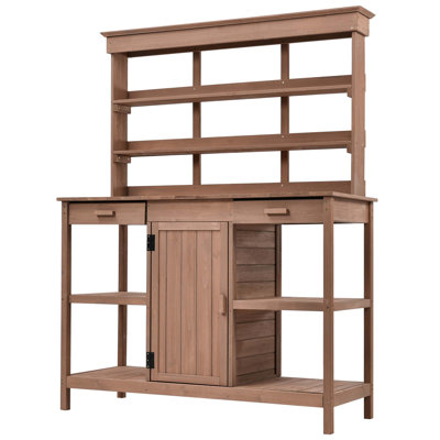 Grand banc de rempotage extérieur en bois de ferme de 66 pouces avec tiroirs, armoire et tablettes ouvertes pour poste de travail de jardin