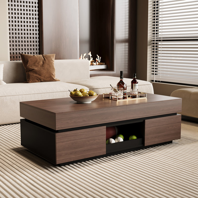 Walnut Rectangular Coffee Table With 86.2''W Extendable Sliding Top And Storage Cabinets & Hidden Compartment, Elegant Living Room Furniture