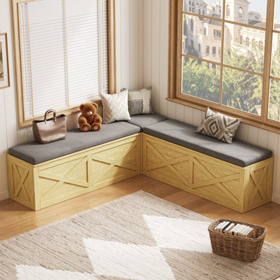 Banc de coin en L avec rangement, banc de coin-repas avec coussins gris, blanc
