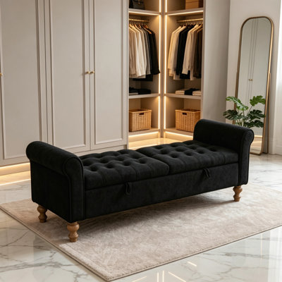 Banc de rangement rembourré moderne de 65,75 po de largeur, banc repose-pieds noir à double couvercle avec tissu en filet, accoudoirs roulés et pieds en bois d'hévéa pour la chambre à coucher, le vestibule, le salon et le dortoir