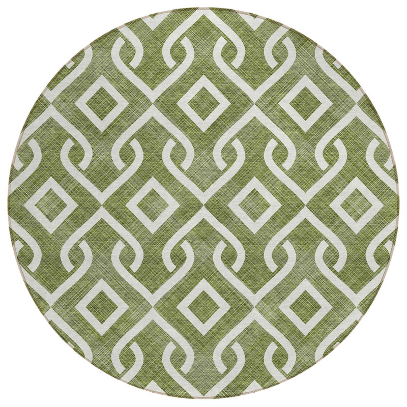 8' Ivory Round Geometric Washable Indoor Outdoor Area Rug