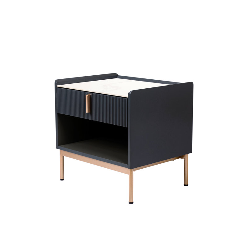 Table de chevet moderne avec dessus en pierre blanc / gris mat et cadre doré
