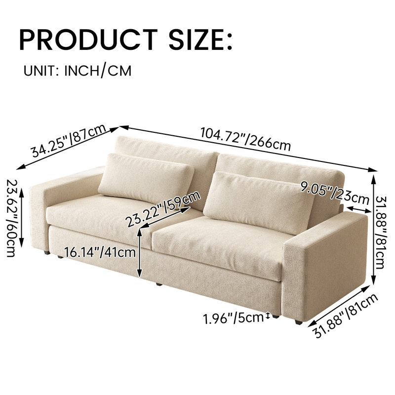 266cm Beige Fabric 3-Seater Sofa,Deep Seat Sofa with Thick Cushions and Soft Backrest for LivingRoom