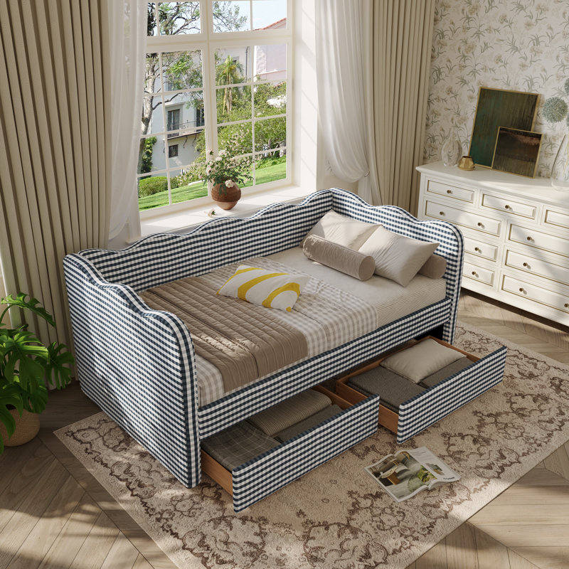 Gingham Daybed With 2 Storage Drawers And Usb Port, Wave-shaped Design, Navy, Twin
