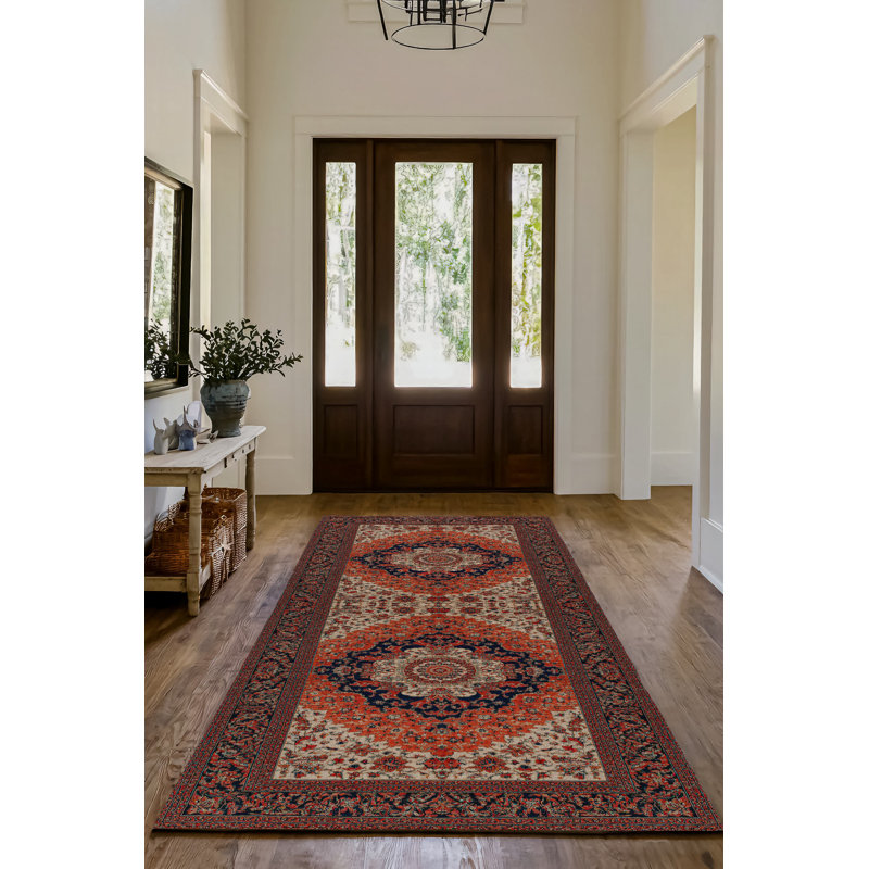 Guria Orange Oriental Vintage Look Machine Printed Cotton Chenille Area Rug, Rectangle 5'3" x 6'7"