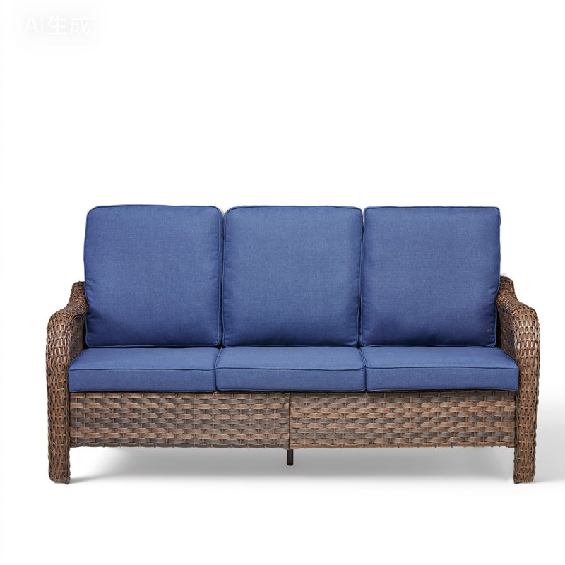 Arley Outdoor Wicker Curved Arms Patio Sofa With Cushions, Blue