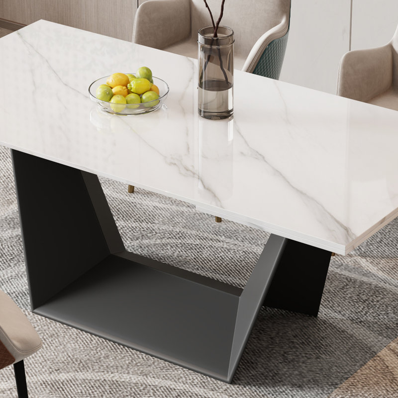 63"-95"Extendable Dining Table For 6-10,White Glossy Sintered Stone Tabletop, Modern Kitchen Table with black Steel Legs