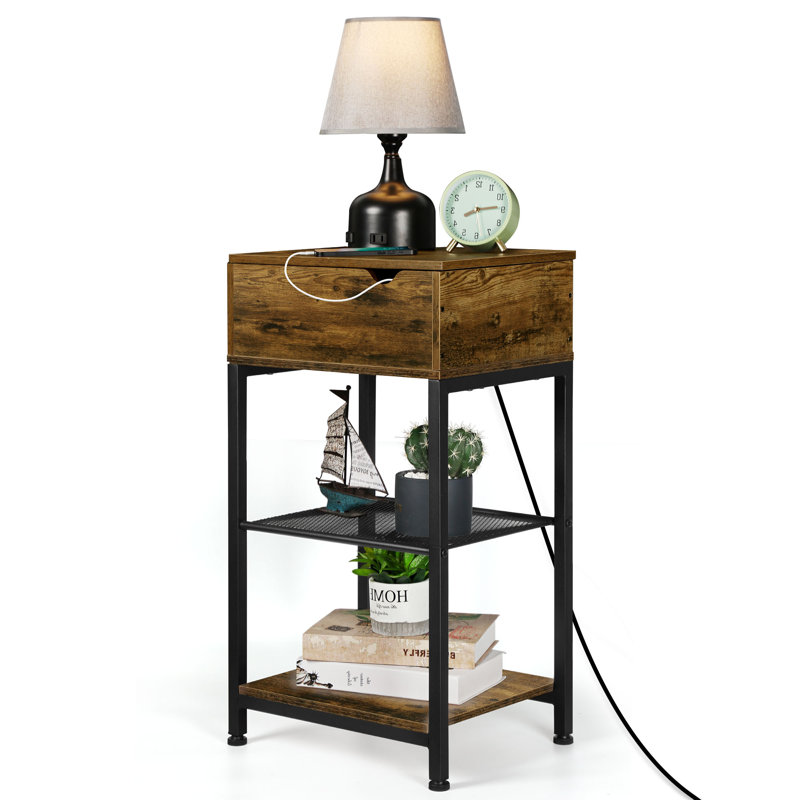 Ridan Solid Wood Top End Table with Storage and Built-In Outlets
