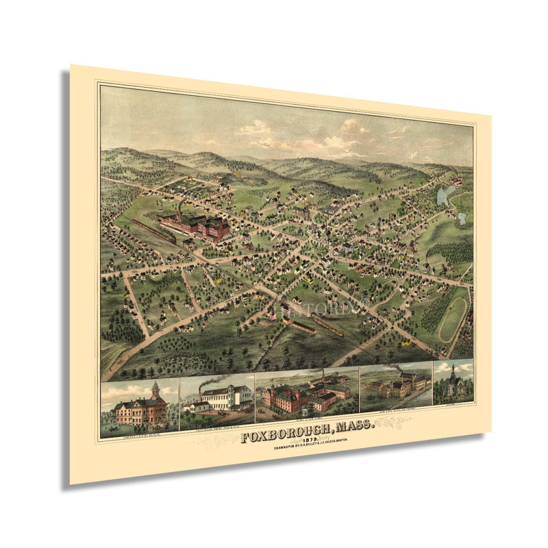 1879, carte de Foxborough, Massachusetts - affiche rétro de Foxborough, H 24 po x l 18 po x P 0,01 po