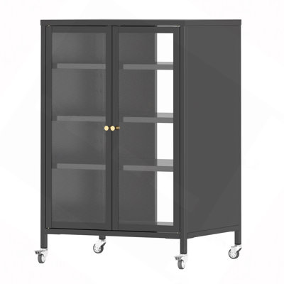 Armoire de rangement multimédia haute de 35,8 po avec roulettes, meuble télé stéréo AV avec 4 tablettes et porte réglables en verre, structure en acier robuste pour le salon, assemblage facile