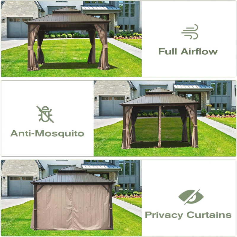 Hardtop Gazebo, Aluminum Metal Gazebo With Galvanized Steel Double Roof Canopy, Curtain And Netting, Permanent Gazebo Pavilion For Party, Wedding, Outdoor Dining