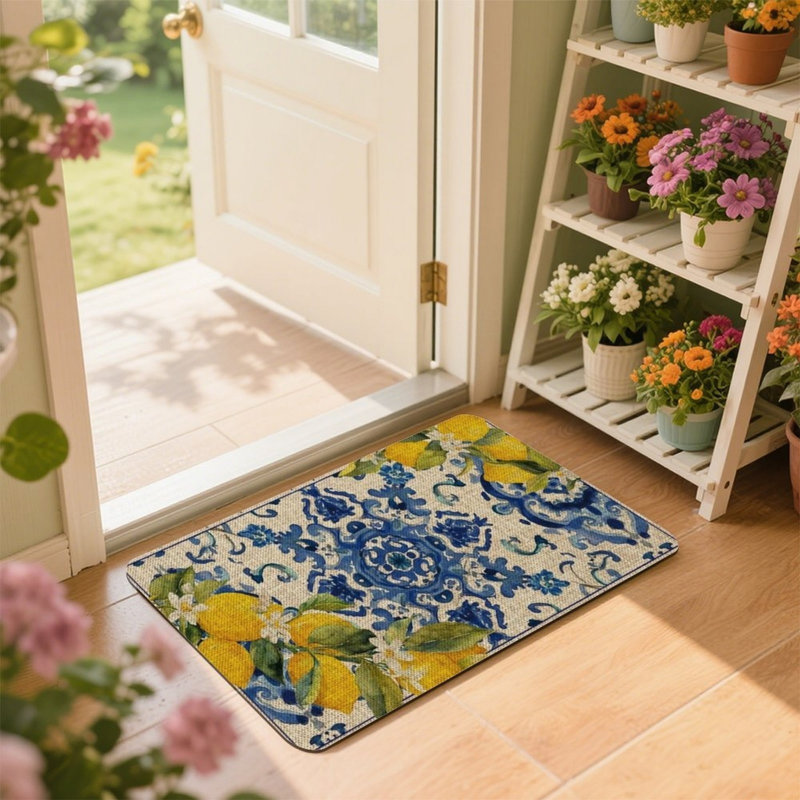 Tapis bleu et blanc citron 24 po x 36 po pour décor intérieur