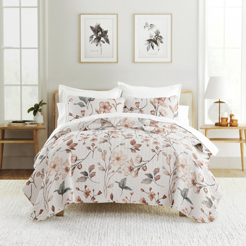 Twin Reversible Floral Microfiber Quilt Set in Beige and Gray