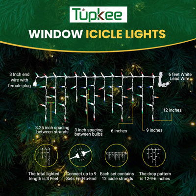 Tupkee Shimmering Twinkle Window Icicle Lights - 3 Feet (0.91 M), 8 Of 50 Lights Twinkle - 50 Red-Green-Clear Incandescent Bulbs - Random Twinkle Christmas Window Icicle Lights - Indoor Outdoor
